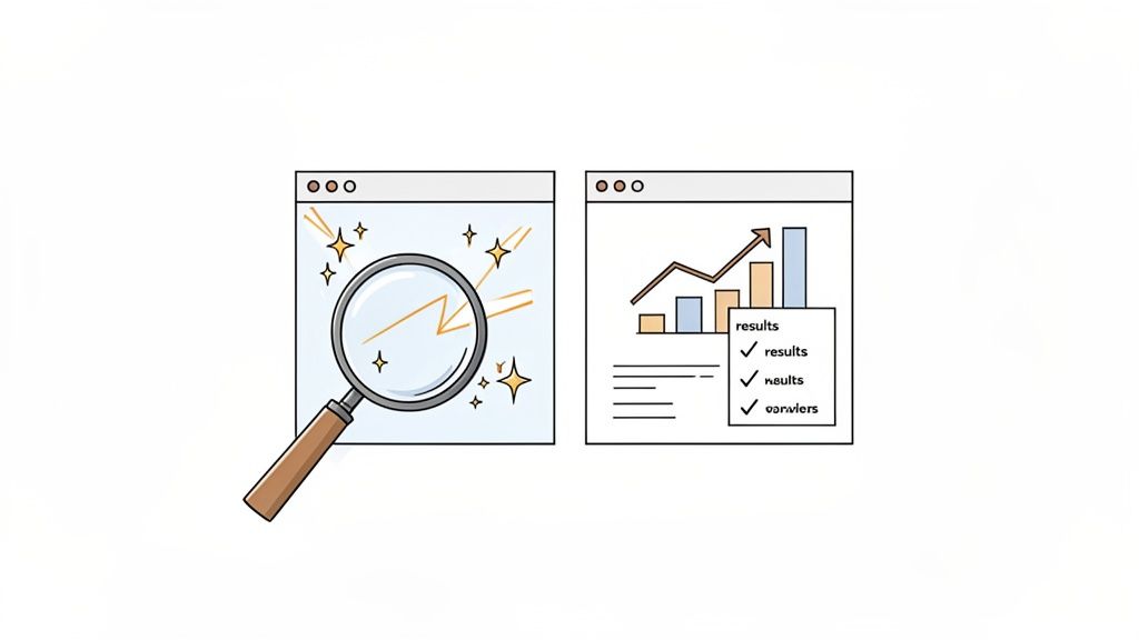 Illustration of a magnifying glass searching with sparkling effects and a browser showing a growth chart and results.