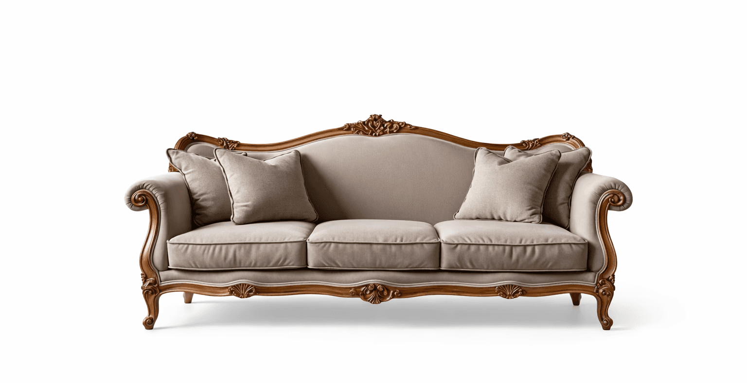 Elegant classic sofa featuring carved wood accents, layered cushions, and graceful curves