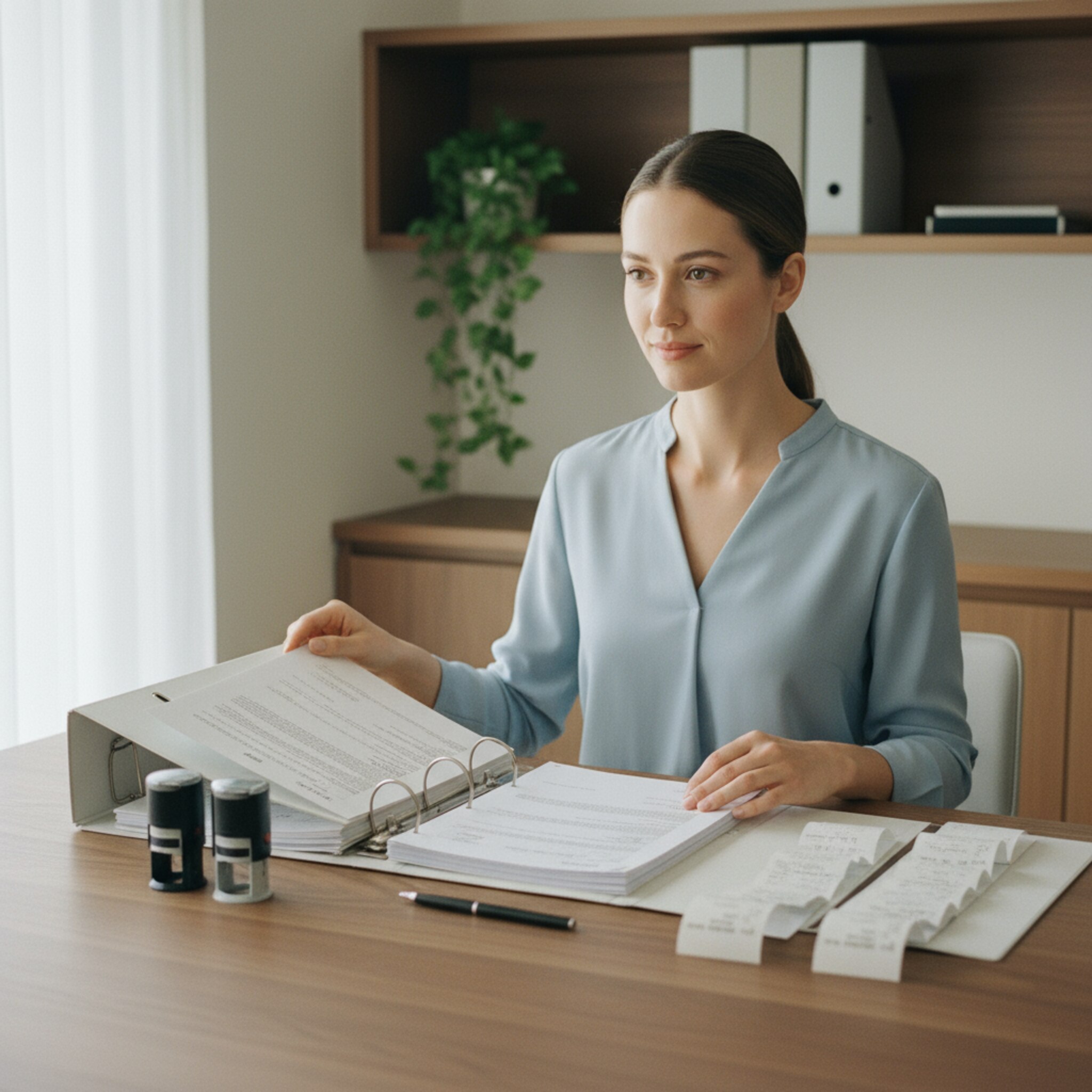 In einem kleinen Büro heftet eine Mitarbeiterin unterschriebene Belege in einen Ordner. Auf dem Schreibtisch liegen sauber sortierte Quittungen und ein Stempel. Ein Tageslichtstrahl fällt auf die Mappe, die Szene vermittelt Ordnung und Nachvollziehbarkeit.