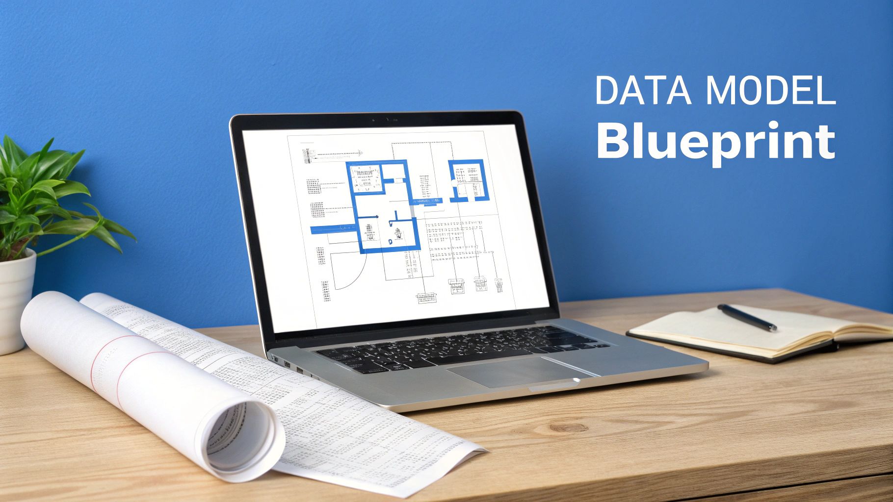 A laptop displaying a data model blueprint, with rolled papers, a plant, and a notebook on a desk.