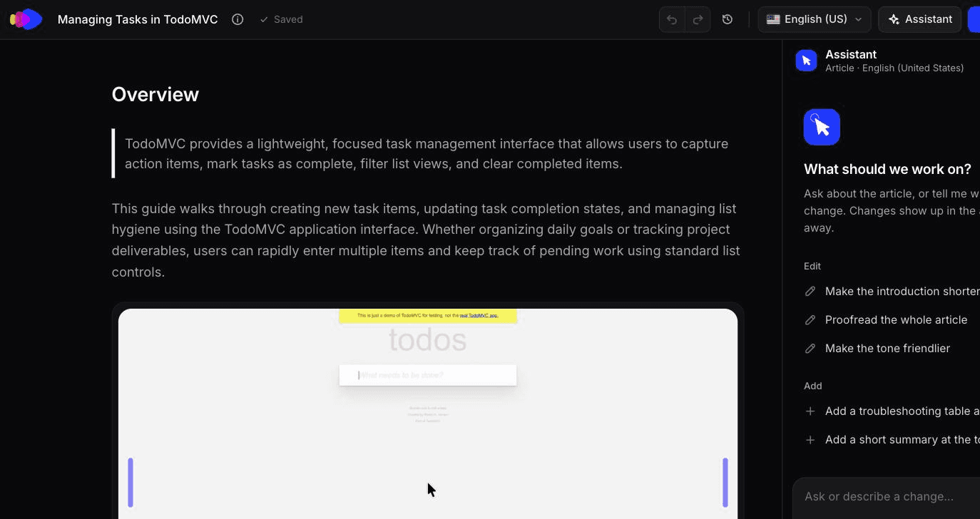 Clevera's article editor showing the generated how-to article with an overview, numbered steps and per-step screenshots