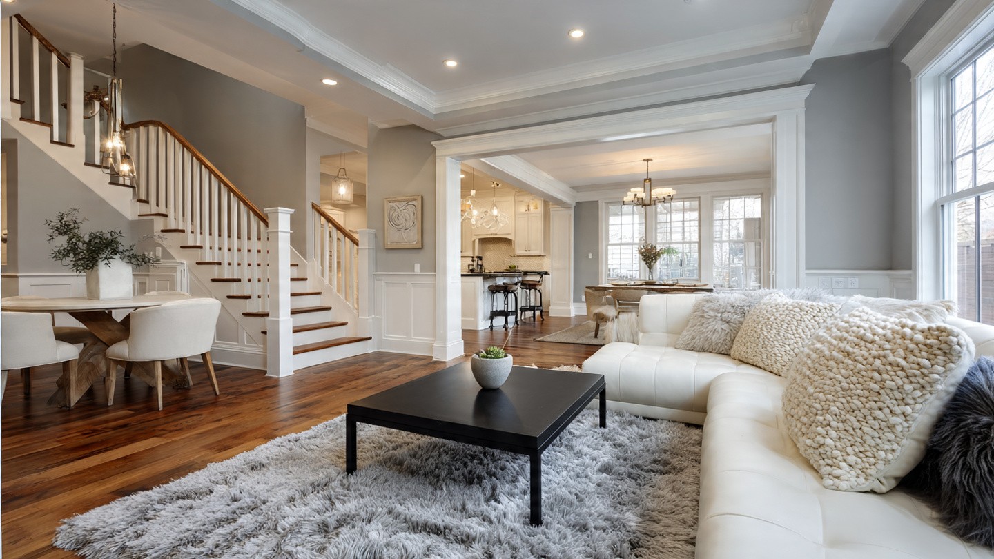 Spacious, modern living room with a plush white sectional, gray rug, and black coffee table. Open layout includes dining area and kitchen with warm lighting.
