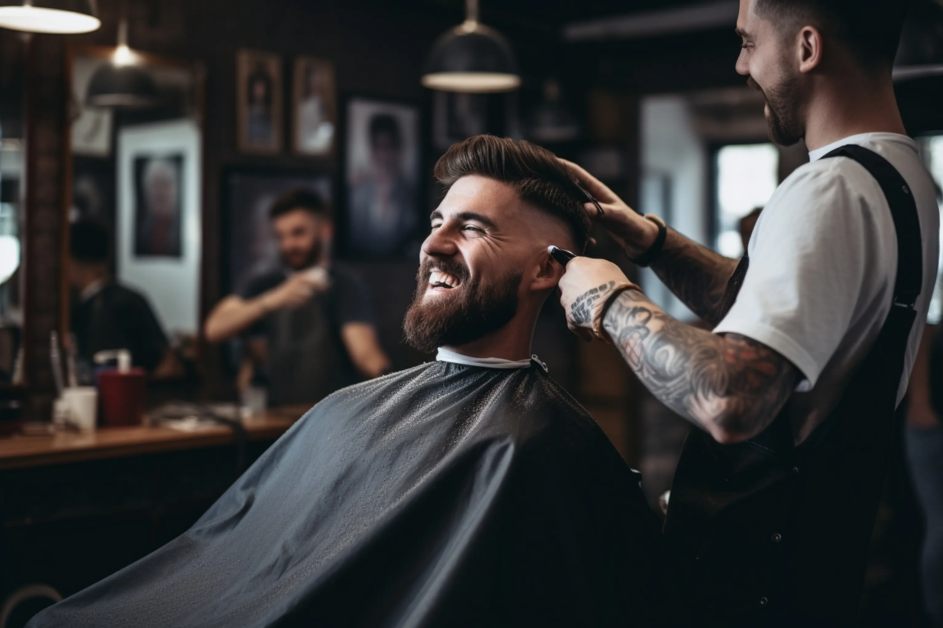 barbeiro cortando cabelo em ambiente movimentado