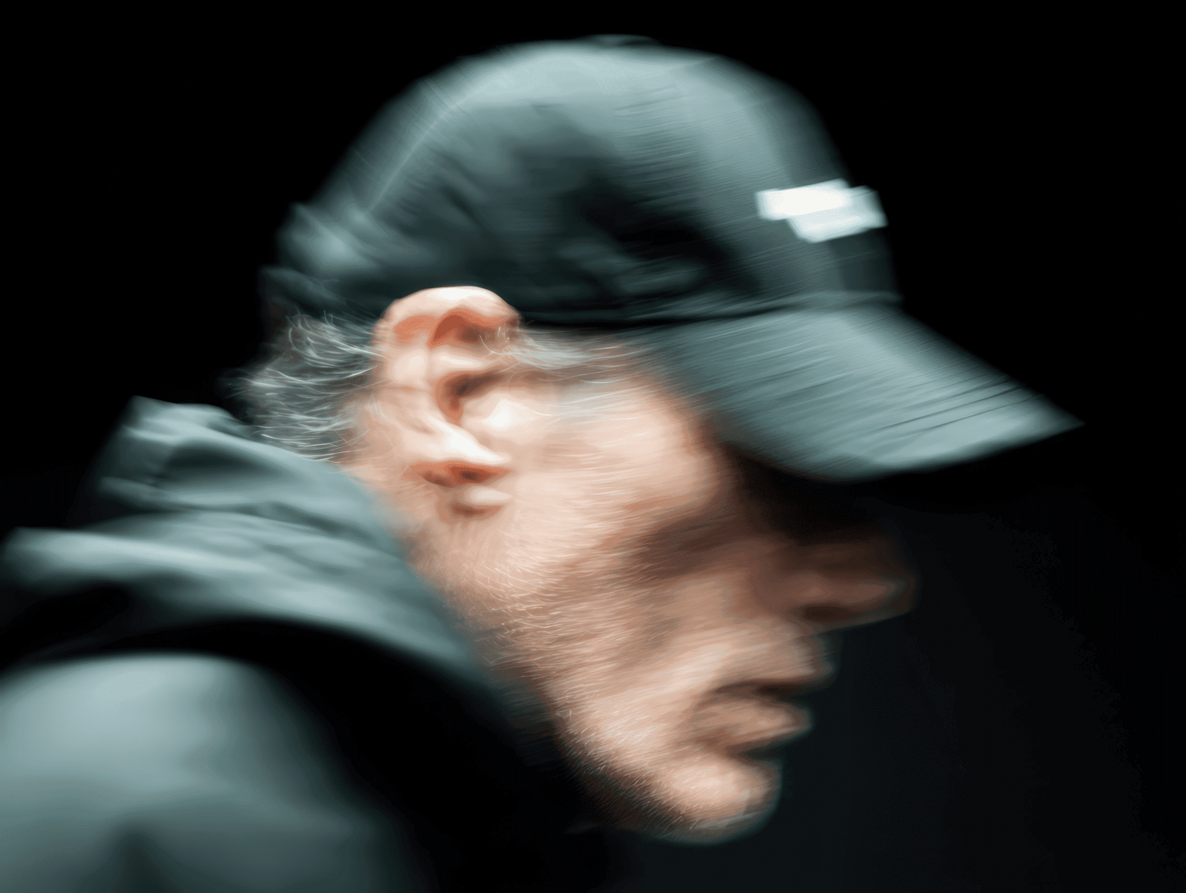 Runner in motion on blurred racetrack wearing sports visor