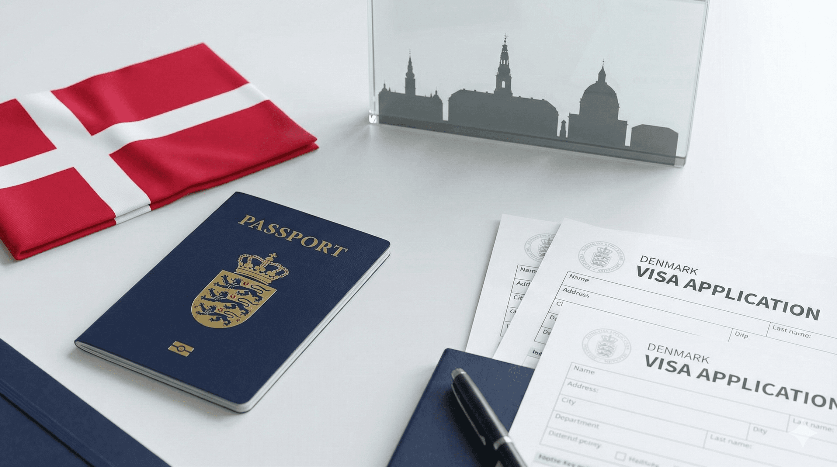 Danish flag, passport, and visa documents on desk - Denmark Schengen visa requirements for UK residents
