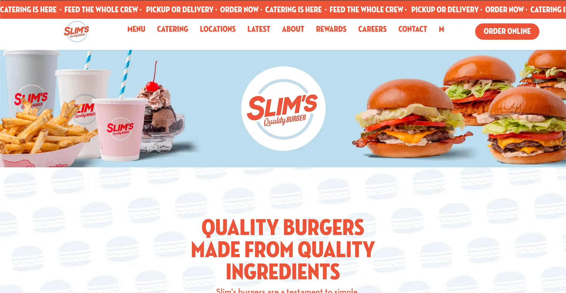 Slim’s Quality Burger website banner with burgers and fries