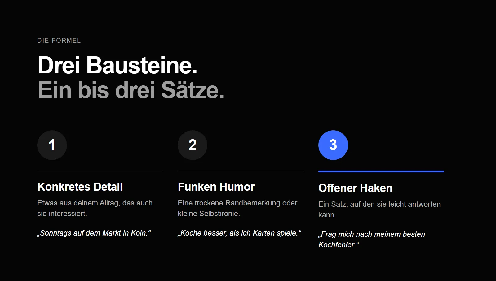 Drei Bausteine einer Tinder-Bio: ein konkretes Detail, ein Funken Humor und ein offener Haken zum Antworten