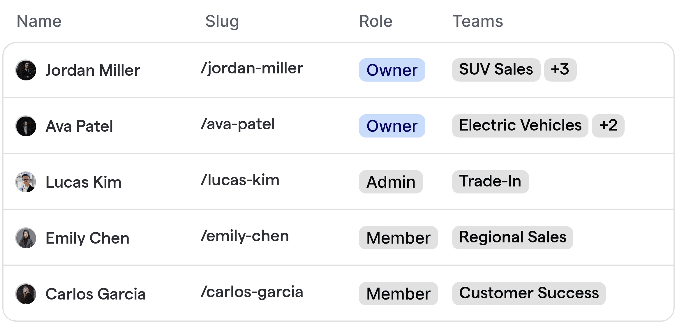 Automobile sales team member routing for different sales specialties and regions.
