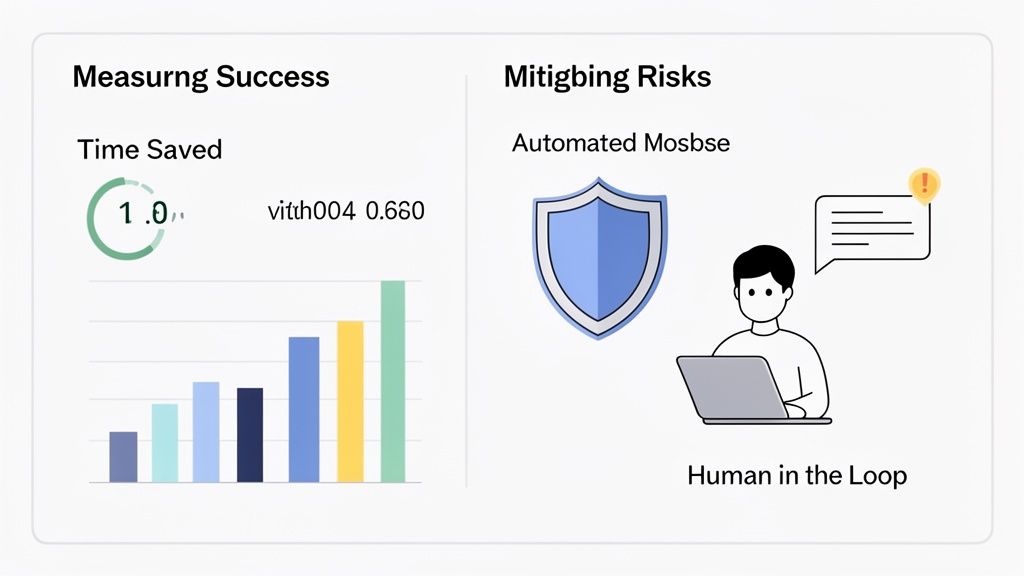 Dashboard displaying AI agent success metrics like time saved and risk mitigation with automation and human involvement.