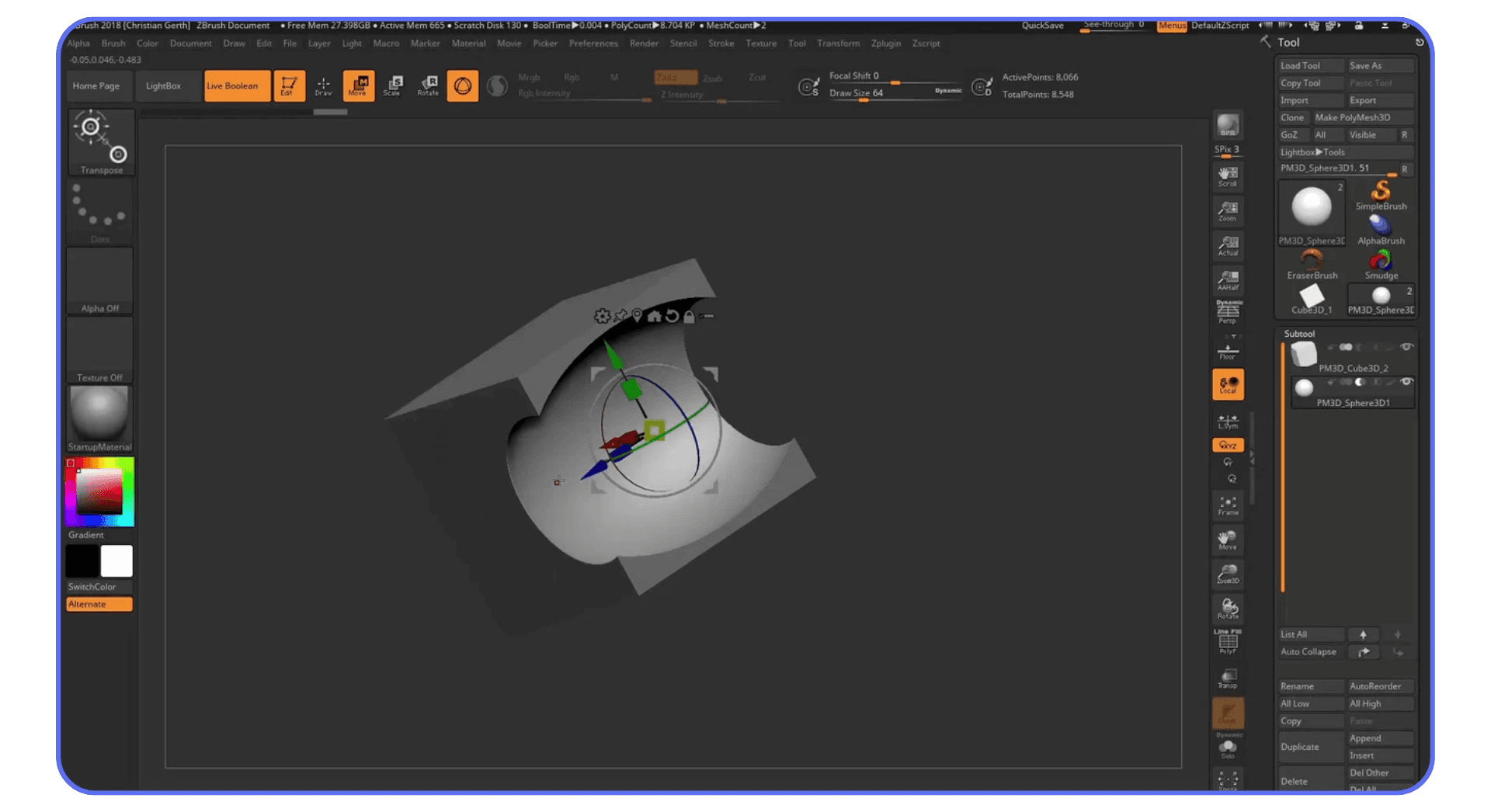 ZBrush interface displaying a smooth curved 3D surface with custom pattern displacement texture applied.