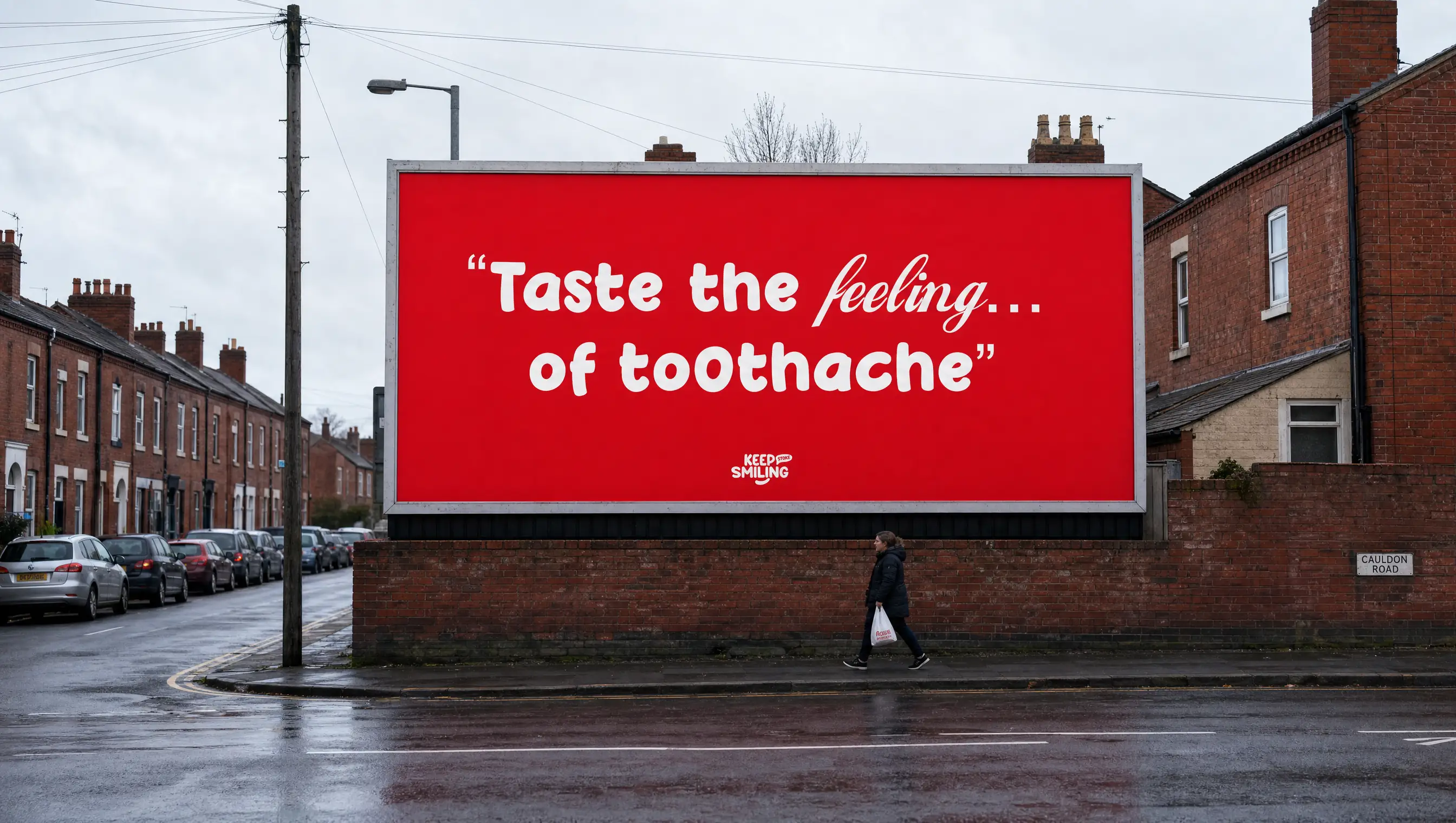Red Keep Stoke Smiling billboard reading "Taste the feeling… of toothache" on a terraced street