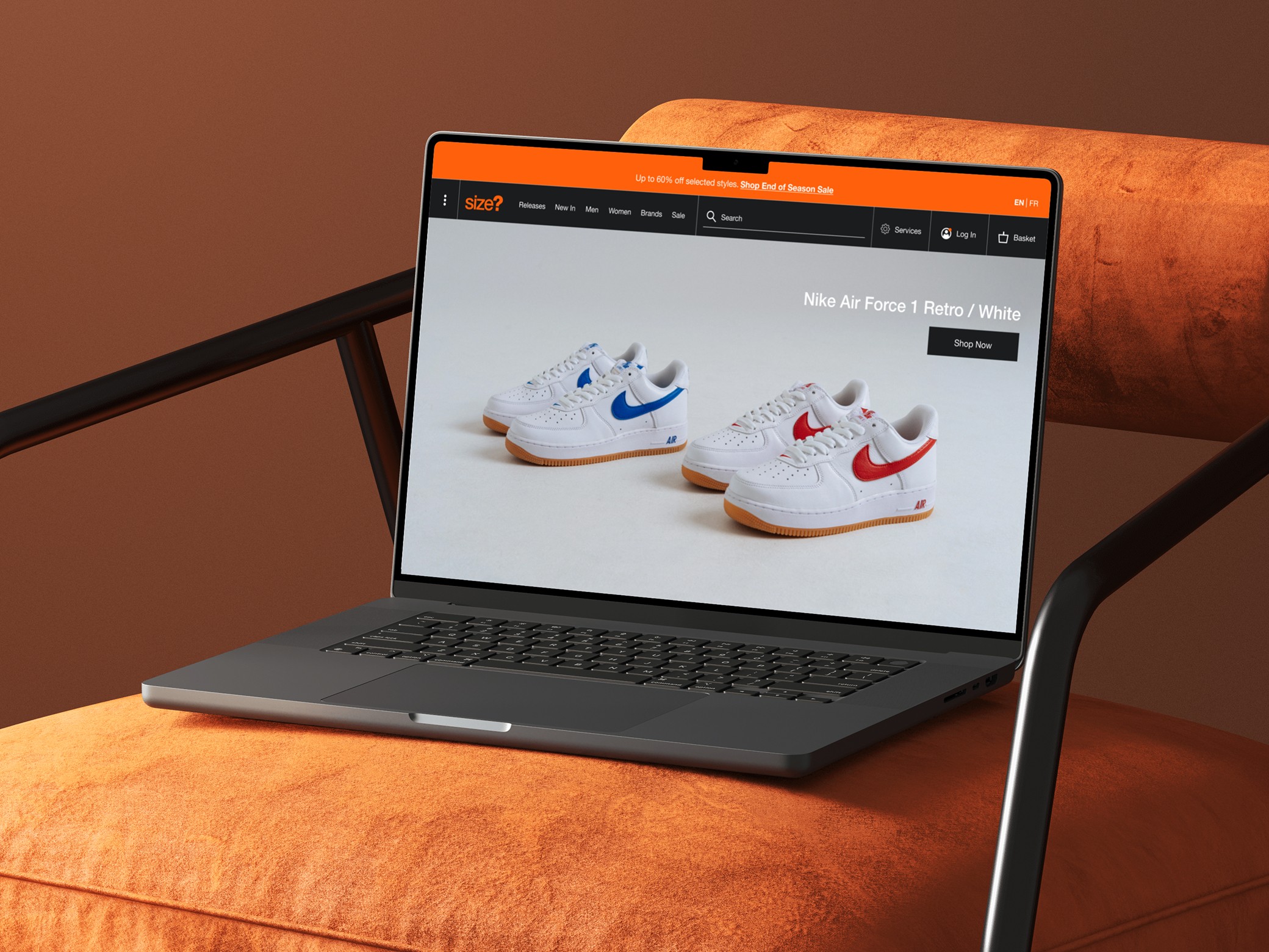 A mockup of a Macbook on a sofa