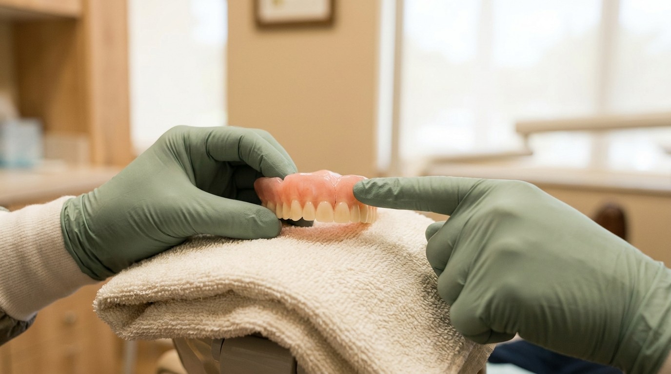 Close-up of a cracked acrylic denture being examined by a Palm Beach Gardens dentist