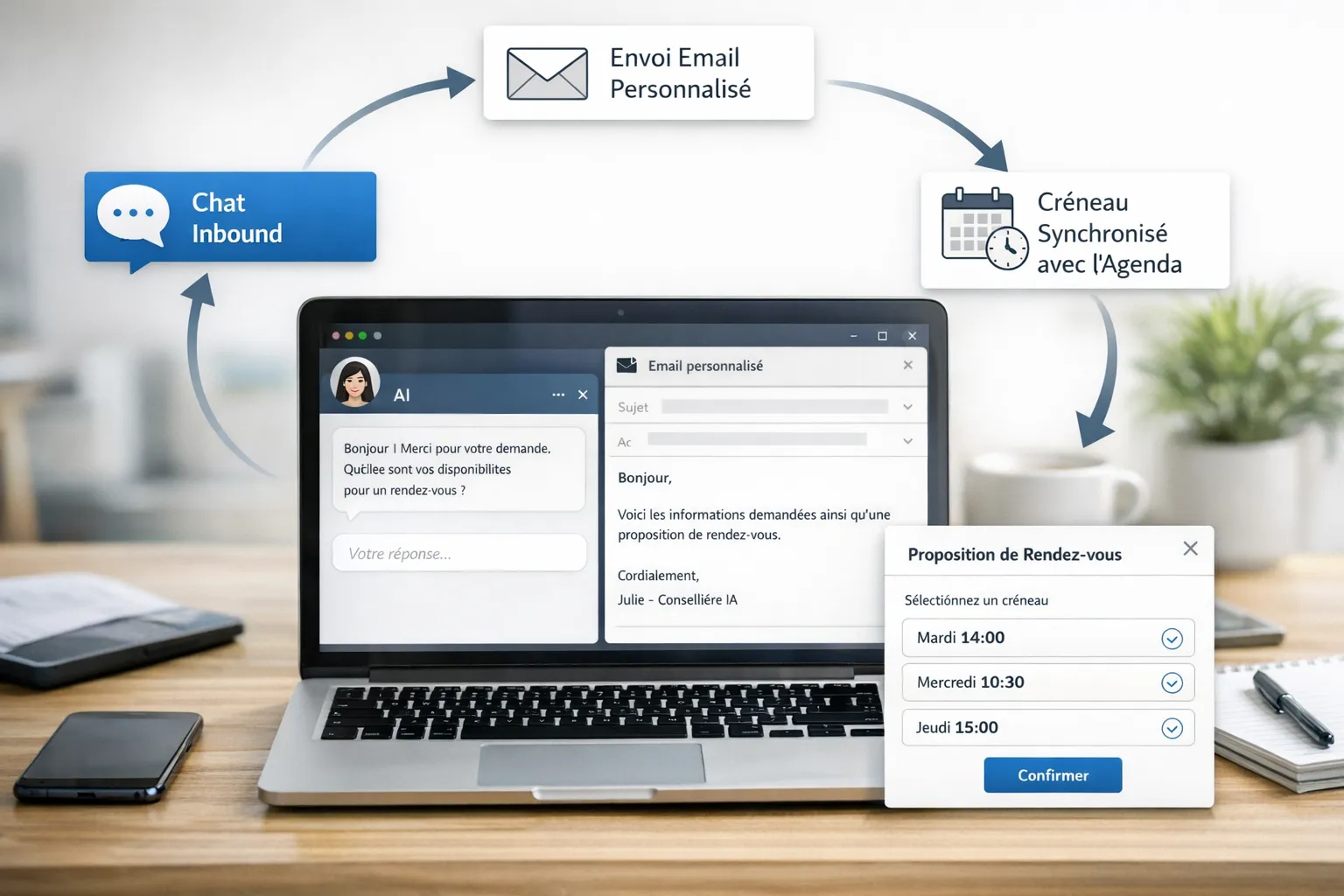 Une scène d’IA commerciale répondant à un lead inbound sur chat, envoyant un email personnalisé en parallèle et proposant un créneau de rendez‑vous synchronisé avec l’agenda, le tout présenté comme un flux simple et unifié.