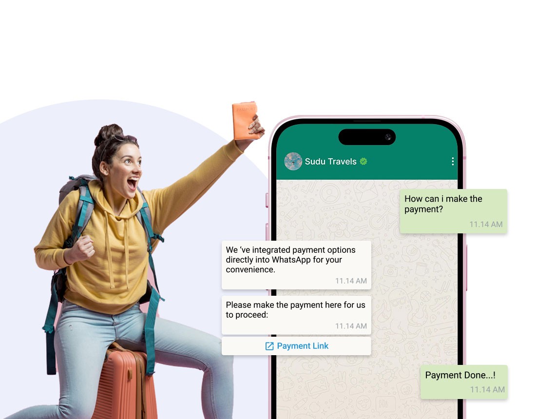 Traveler making payment via WhatsApp chat on phone