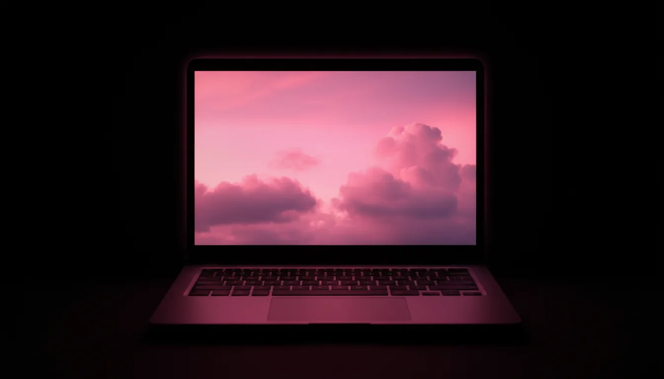 DSLR photograph, centered front view of a modern aluminum laptop in a pitch-black room. The only light source is the laptop's screen, which displays a vibrant, glowing pink sky with soft clouds. This intense pink light dramatically illuminates the keyboard and trackpad, casting a strong magenta and purple hue across the metallic surface. Cinematic contrast, sharp focus, moody atmosphere.