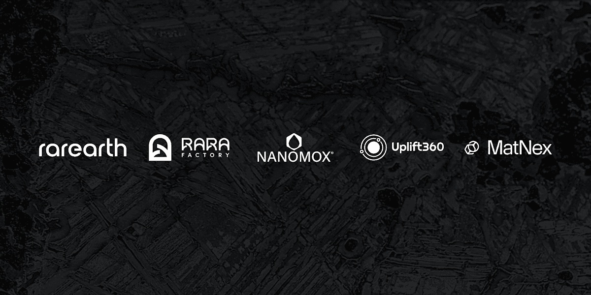 Rarearth, RARA Factory, Nanomox, Uplift360 and MatNex logos over a metal microstructure background