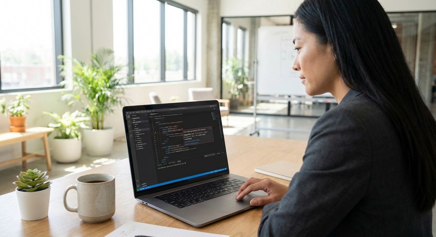 A tablet displaying an executive summary dashboard with multiple data visualizations including a colorful pie chart, bar graphs, and area charts. The tablet is positioned on a reflective dark surface in what appears to be a conference room with blurred office background.