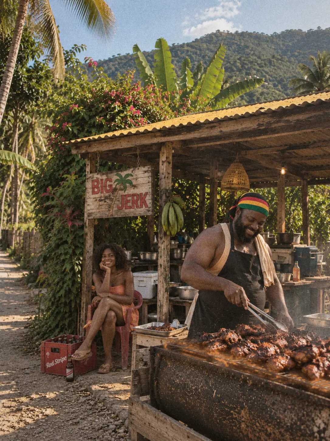 Big Jerk smiling at the grill under the BIG JERK sign, his girlfriend relaxing in a chair beside the shack