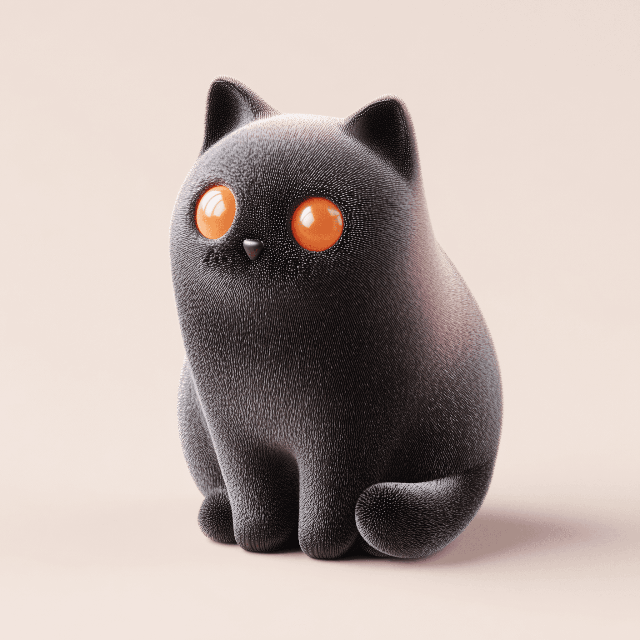 A cute 3D fuzzy black cat with bright orange eyes and a soft textured surface, sitting against a beige background.
