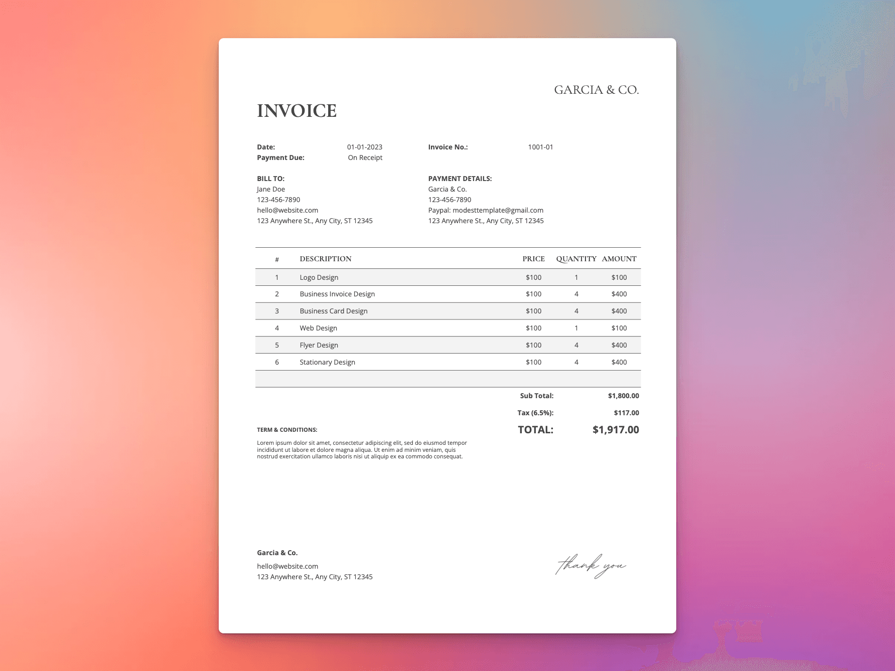 Invoice template featuring a detailed itemized breakdown, payment summary, and client billing information.