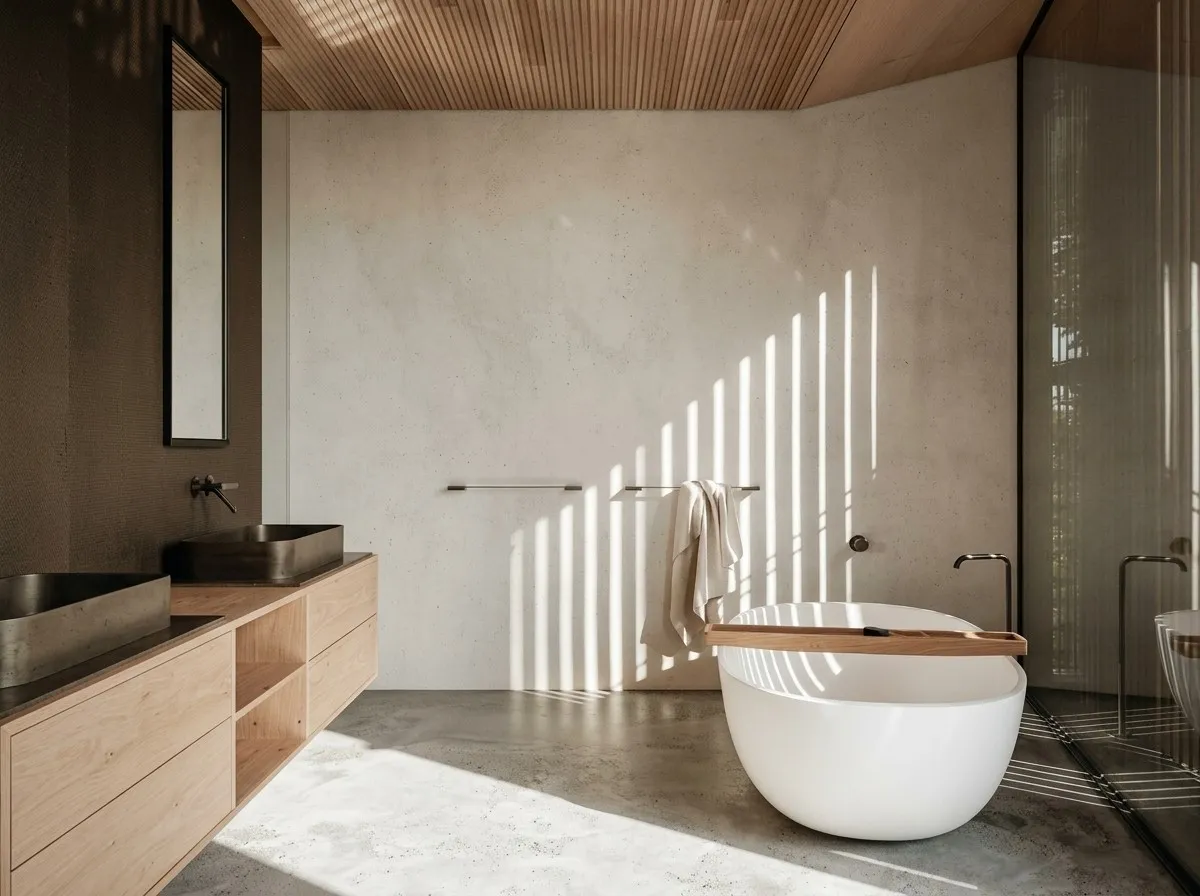 Modern bathroom featuring a freestanding tub, wooden accents, and natural light streaming through a window.