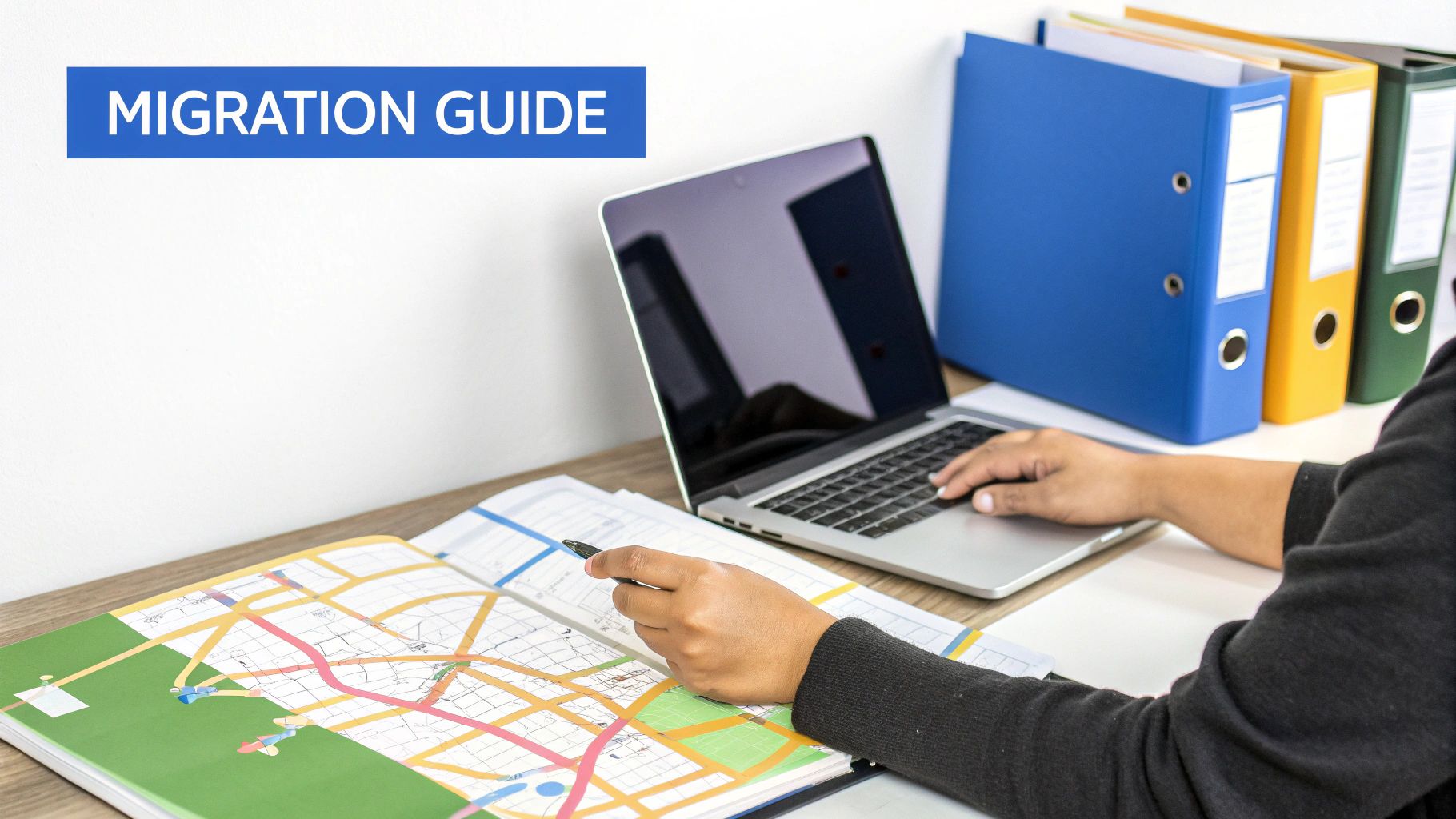Person planning a migration, looking at a map and using a laptop with file binders.