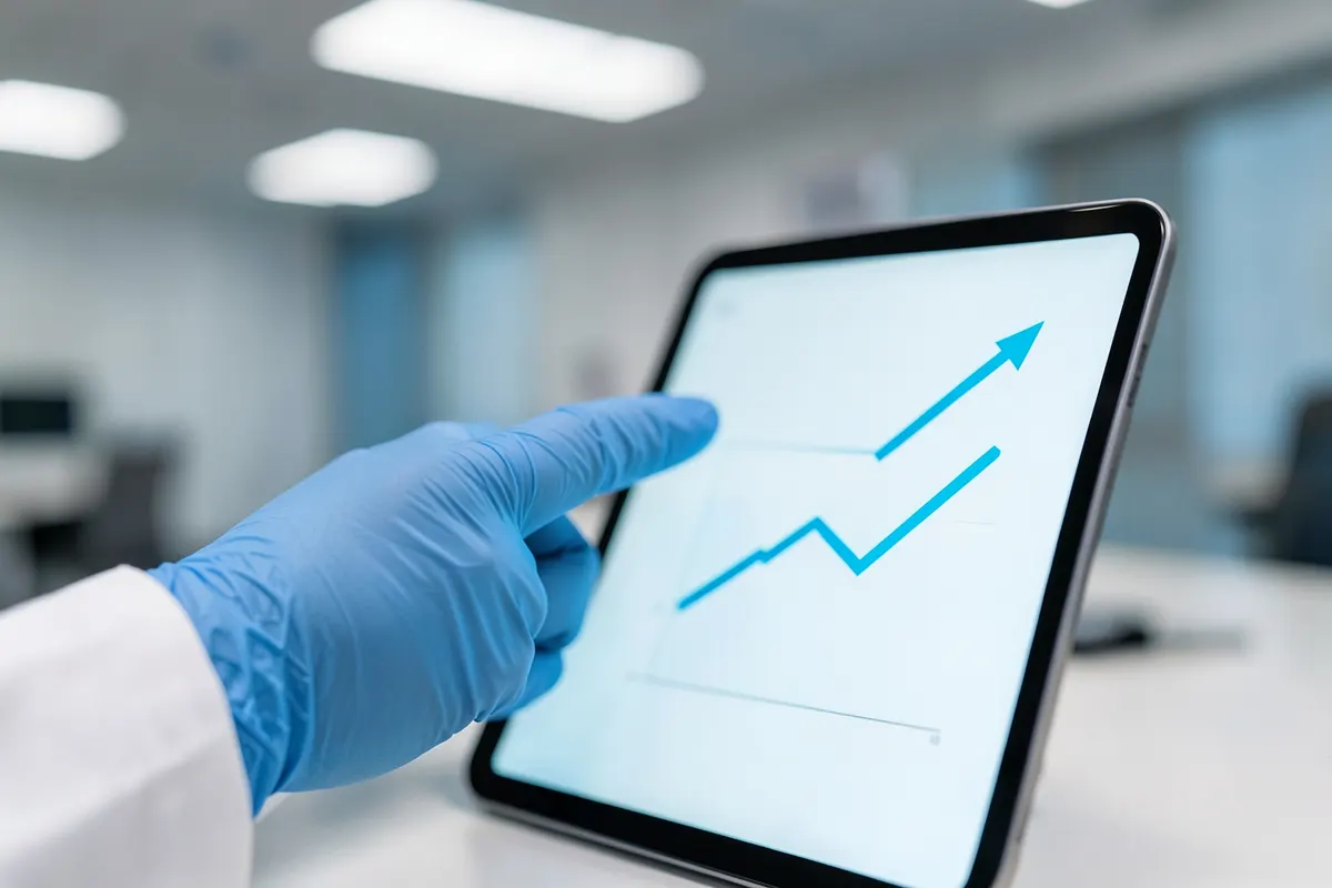 A doctor's hand pointing to a graph showing upward trending data on a tablet screen, symbolizing growth in healthcare services.