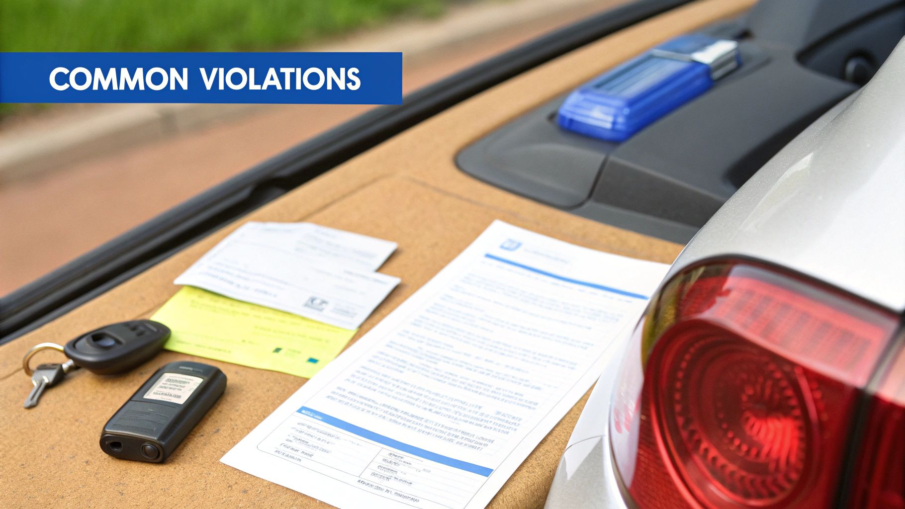 Close-up of papers, car keys, and a remote on a car dashboard, with 'COMMON VIOLATIONS' banner.