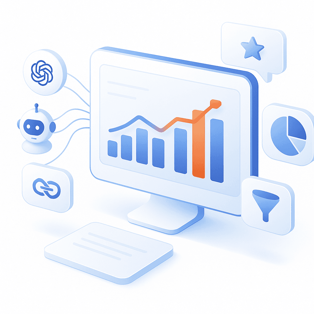 Dashboard diagram showing AI engines feeding metrics like mentions, share of voice, citations, conversions