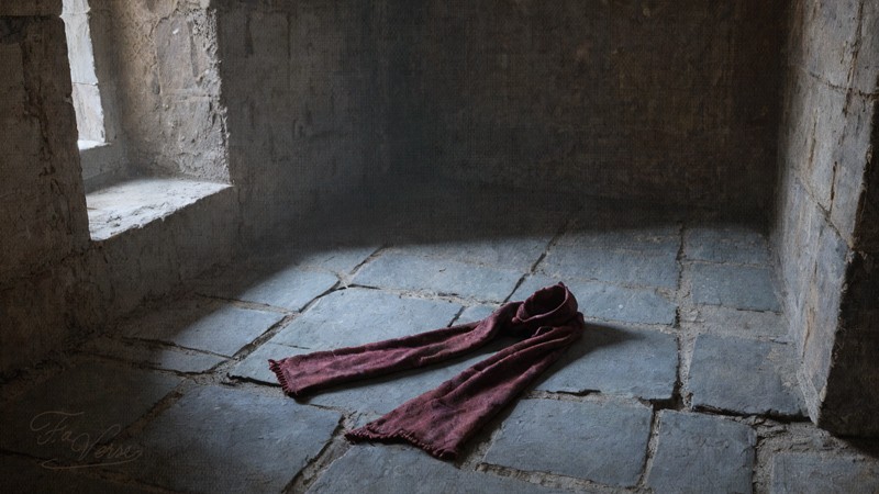 Sacred artwork by Faith and Verse. © Faith and Verse, 2025. All rights reserved. A discarded veil lies on cold stone floor in an empty chamber—symbol of Saint Ludmila's martyrdom and the tradition that she was strangled with her own veil at Tetín Castle
