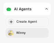 Dealism AI Agents menu with Create Agent and Winny selected