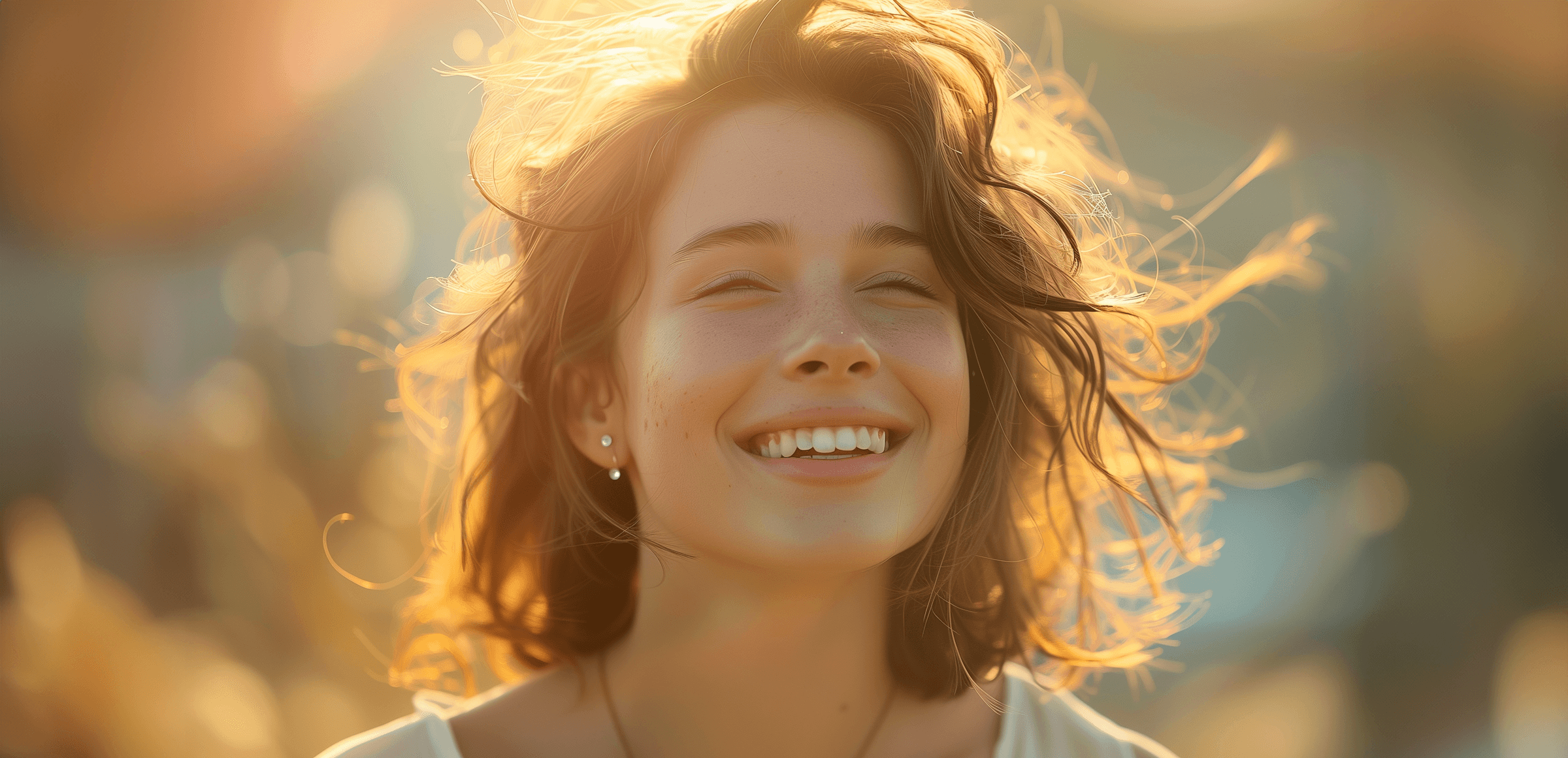 Laughing woman in golden sunlight