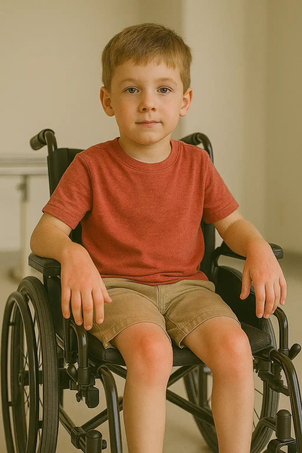 Young boy with cerebral palsy sitting in a wheelchair, ready for pediatric physiotherapy and mobility support.
