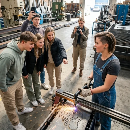 Équipe de créatifs en extérieur devant une structure artistique textile, illustrant notre expertise en "Promotion des métiers et influence" pour valoriser les savoir-faire de manière authentique et fédératrice.