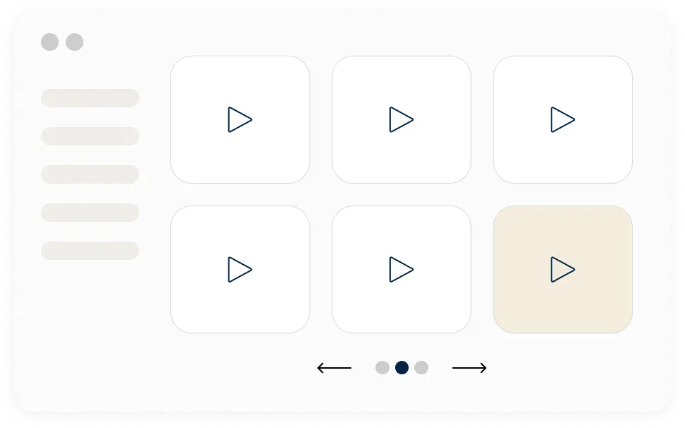 Video lesson library showing a grid of six sessions with navigation controls