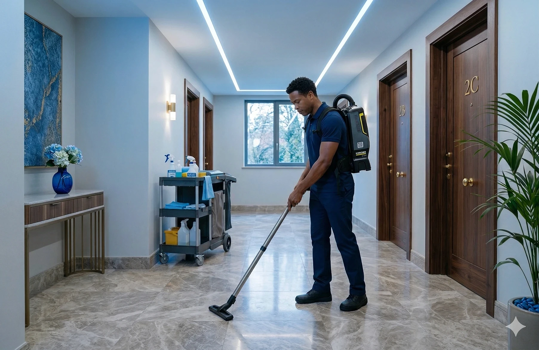 Un agent d'entretien en uniforme bleu utilise un aspirateur dorsal pour nettoyer le sol en marbre d'un couloir d'immeuble moderne, à côté d'un chariot de ménage.