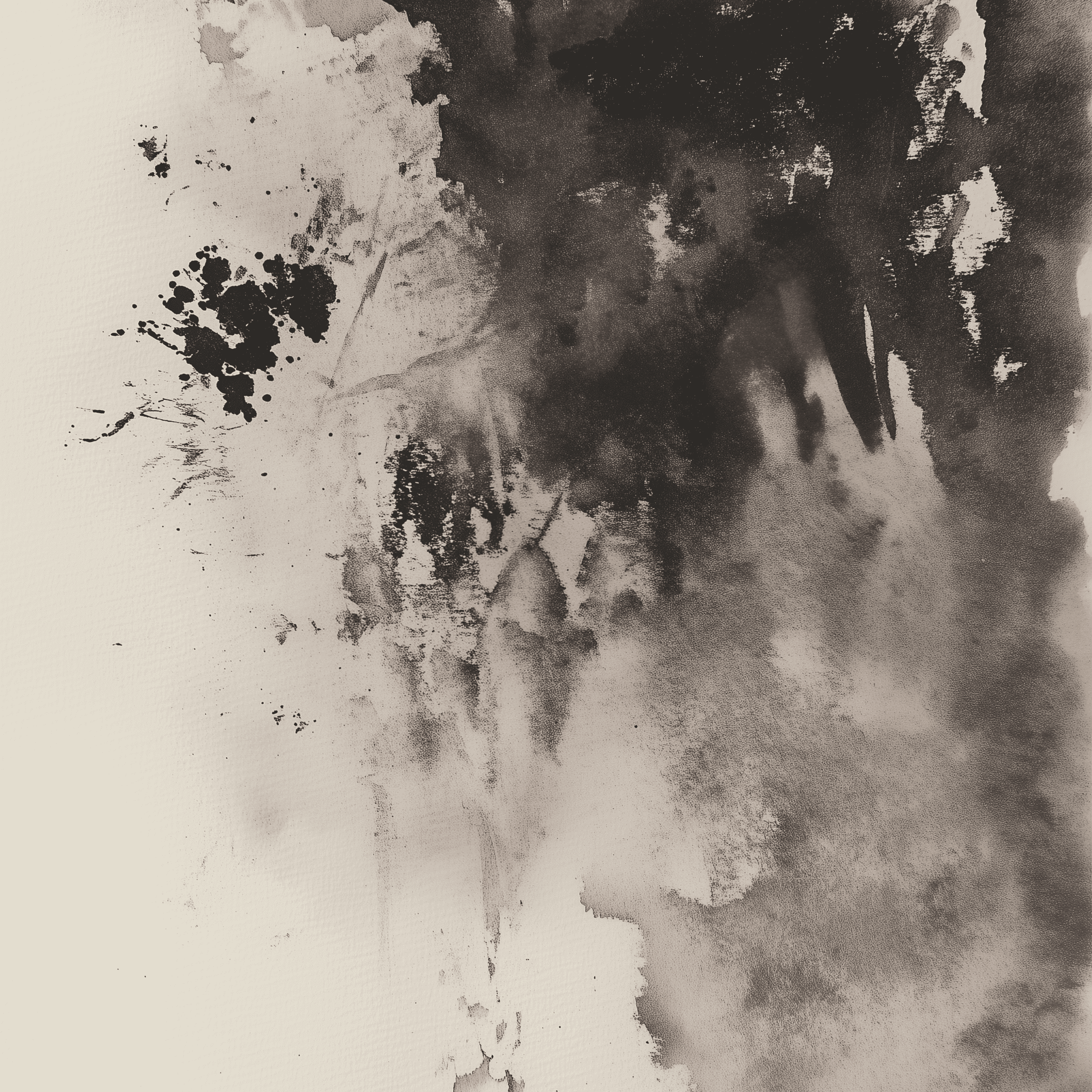 An abstract watercolor artwork featuring a blend of black and gray ink splotches and washes on a textured off-white background. The composition includes organic forms and splatters, creating a fluid, expressive feel. The interplay of light and dark tones suggests depth and movement within the piece.