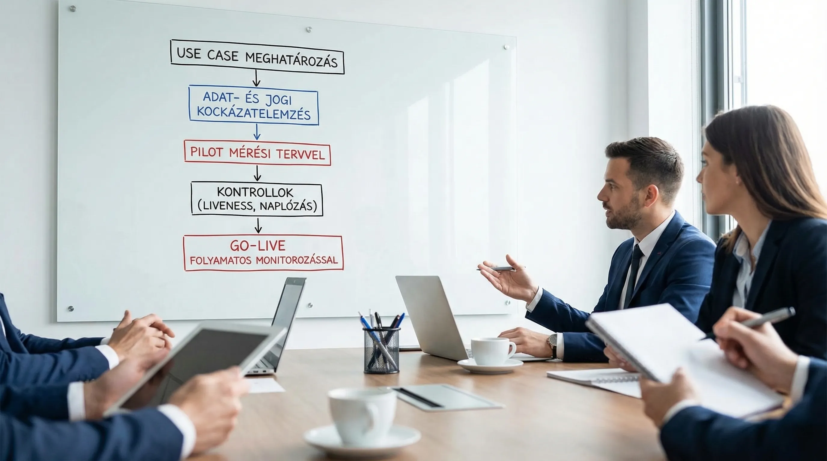 A simple flowchart for implementing facial recognition in a company: defining use cases, conducting data and legal risk assessments, implementing a pilot with a measurement plan and controls (liveness detection, logging), followed by continuous monitoring after go-live.