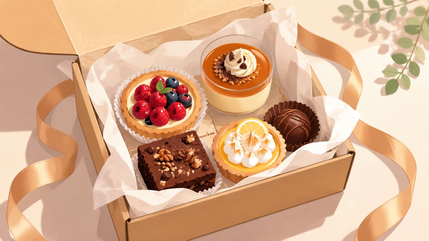 Una caja de regalo abierta con una variedad de postres gourmet, incluyendo tartas, mousse y un brownie.
