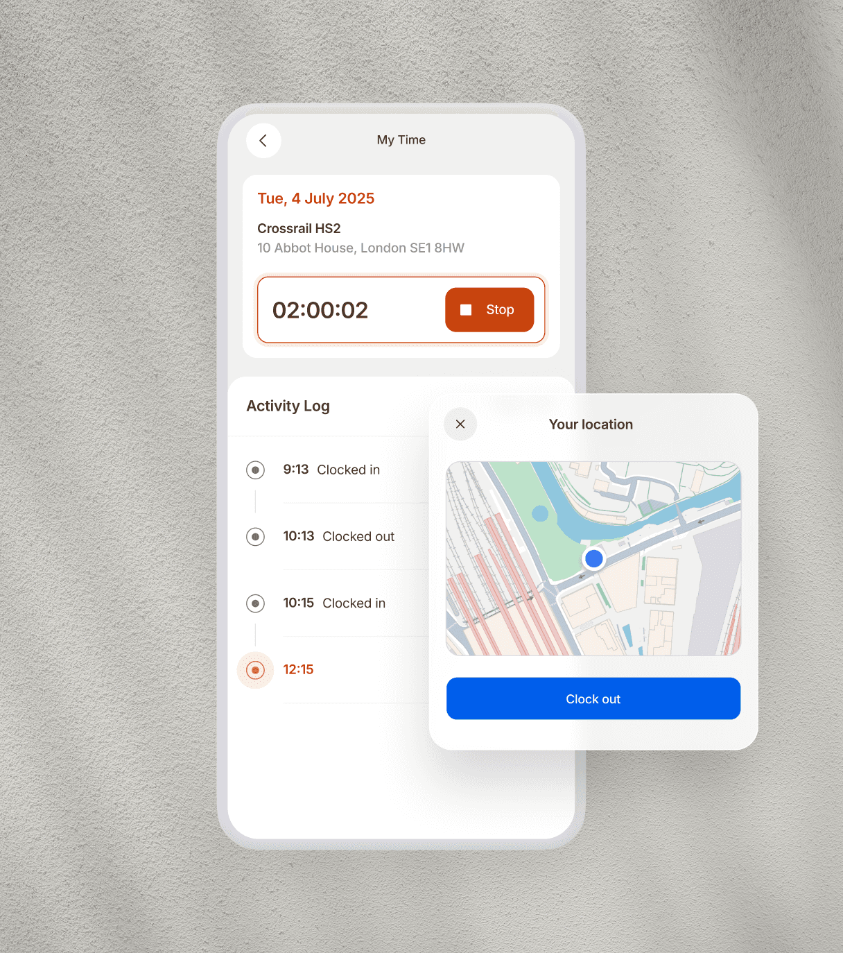 In light mode, the time details from a particular site visit as well teh GPS location of the operative