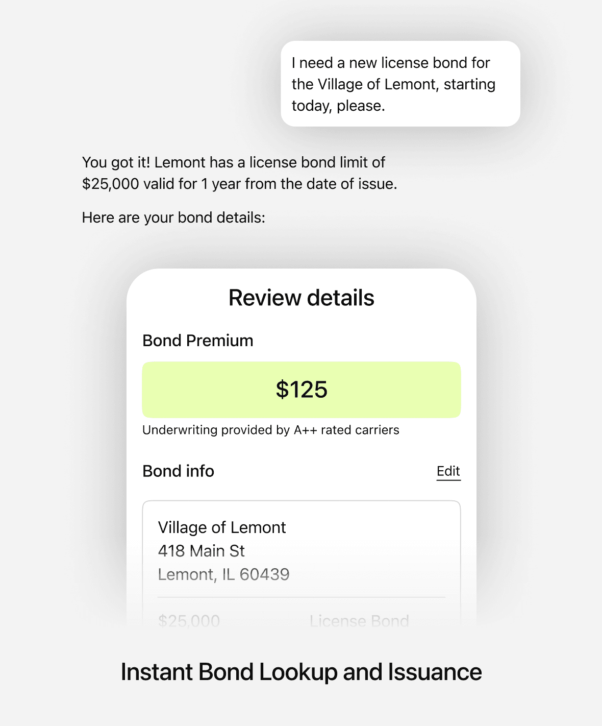 Bondlord interface displaying AI-assisted bond lookup and issuance, showing a $125 premium and bond details for a Village of Lemont license bond.
