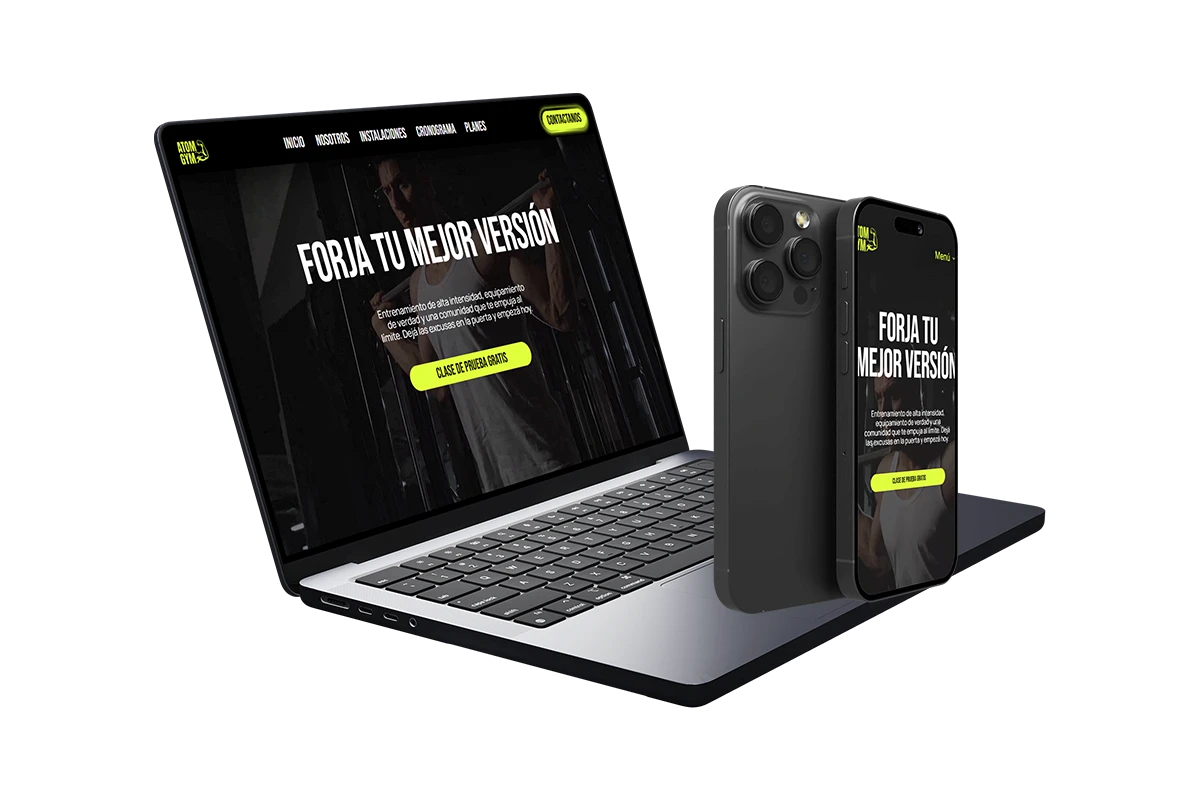 Mockup de sitio web para Atom Gym, diseño oscuro con vista móvil y desktop mostrando la frase Forja tu mejor versión