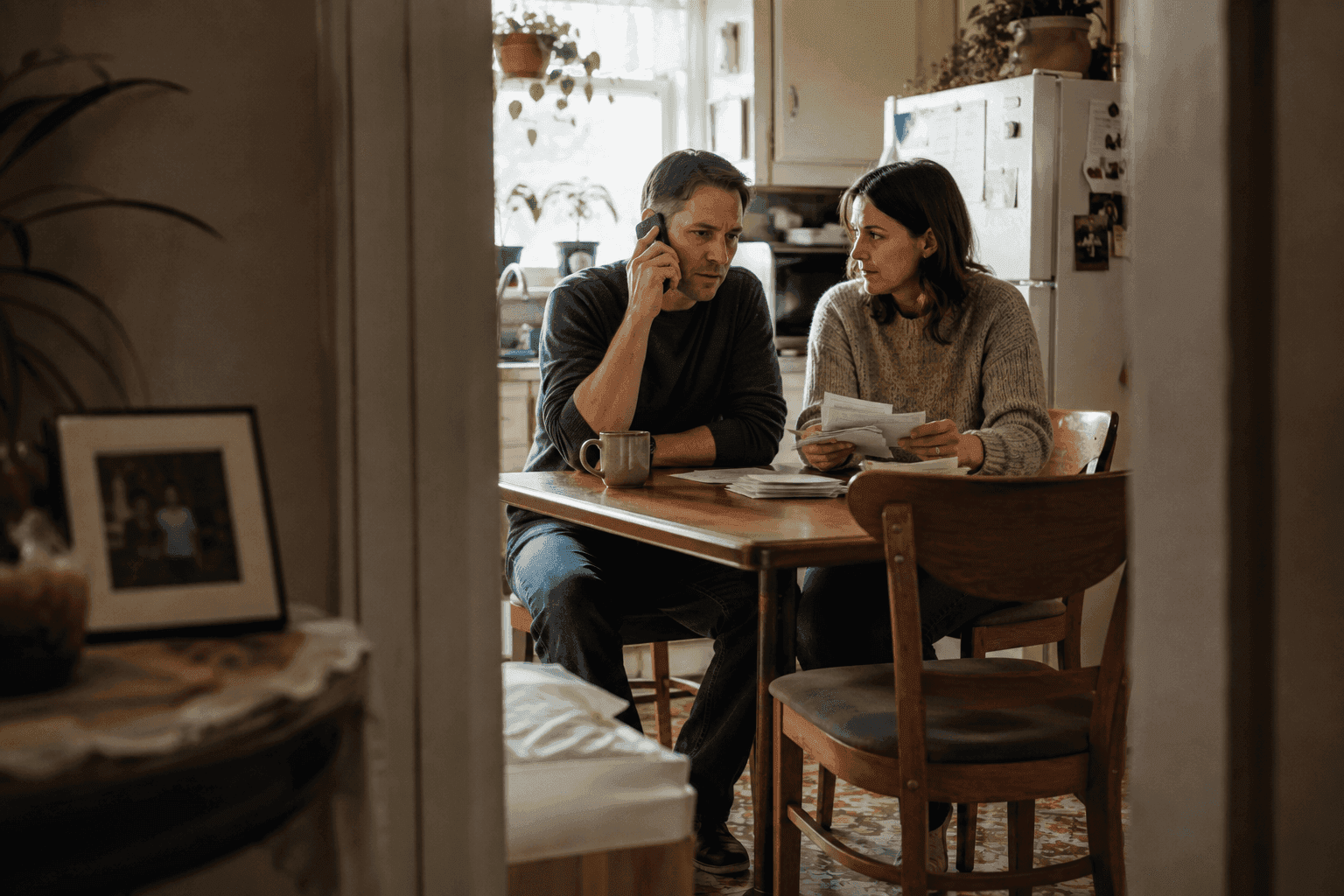Two adults reviewing estate paperwork at home while one speaks by phone.