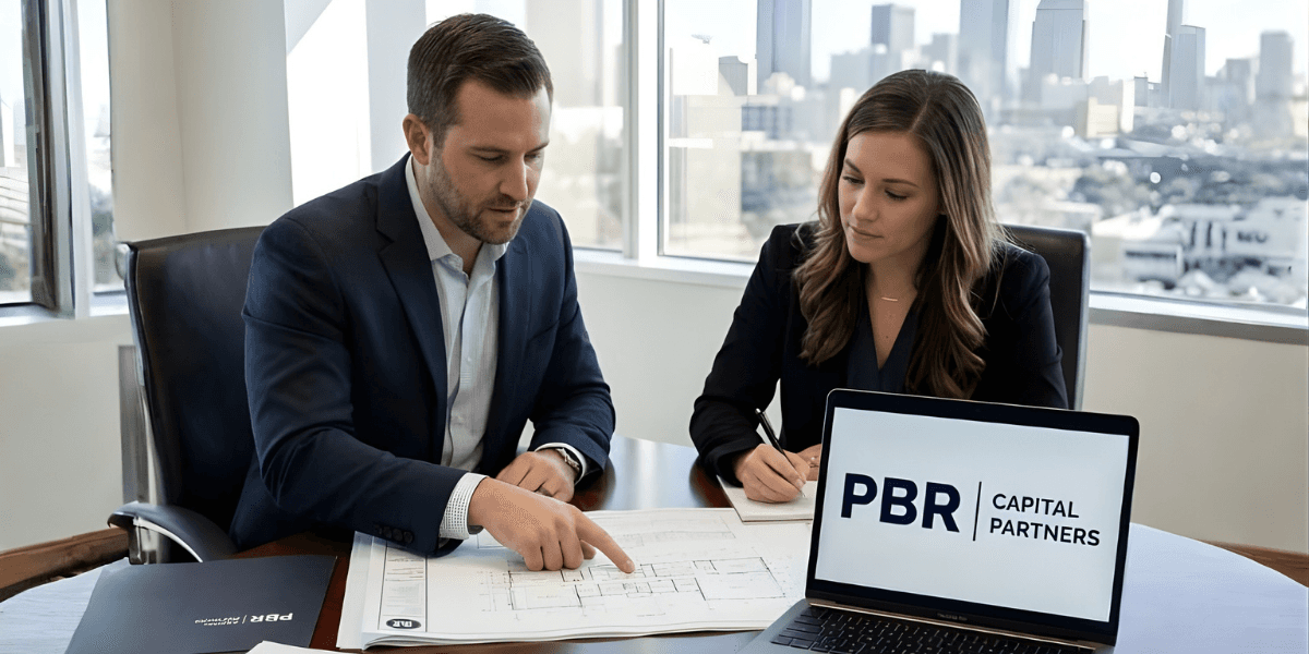 Two business professionals seated at a table with a laptop, discussing commercial real estate funding strategies in Fort Worth, TX.