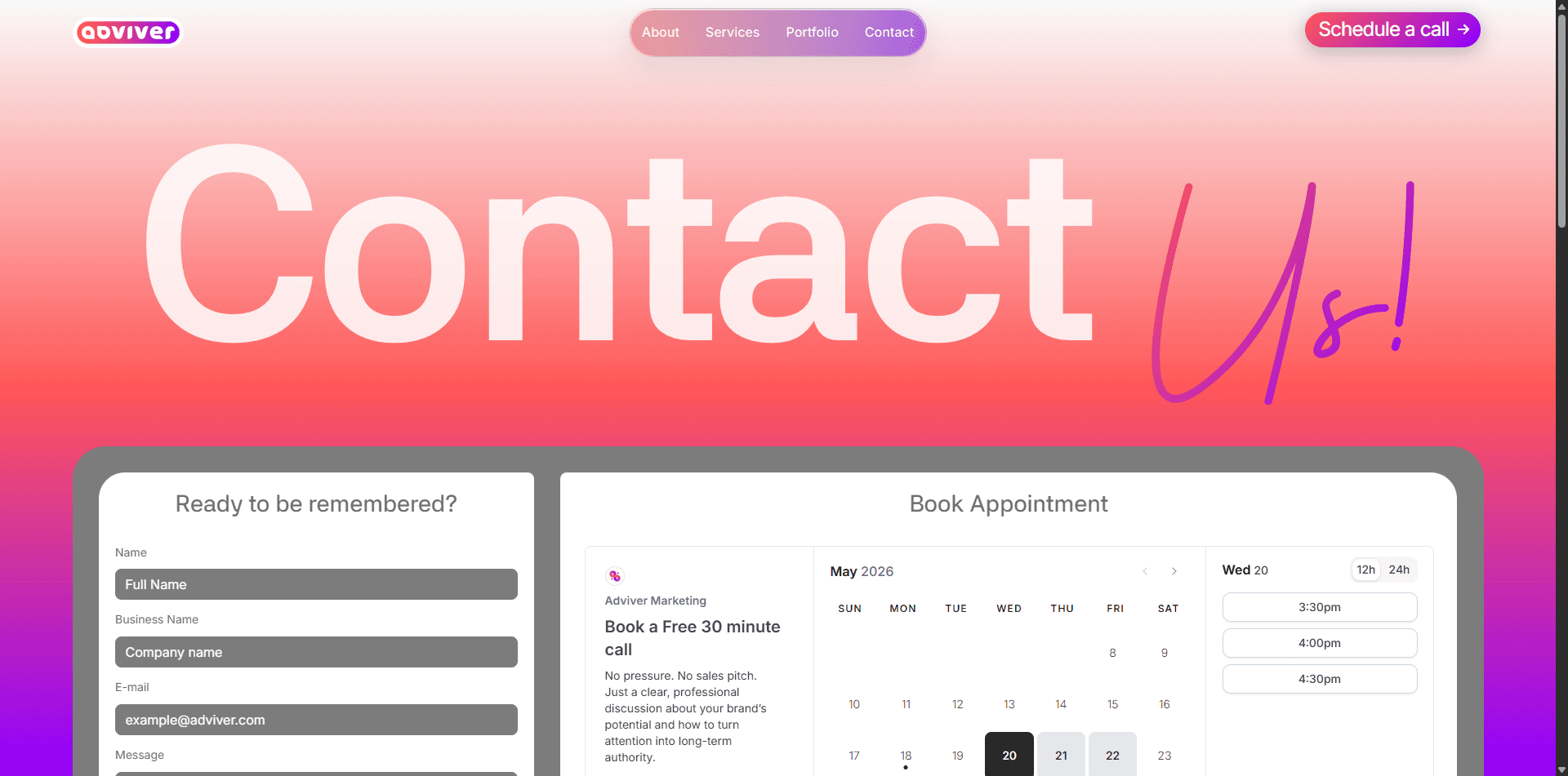 Contact Us page with form and booking calendar.
