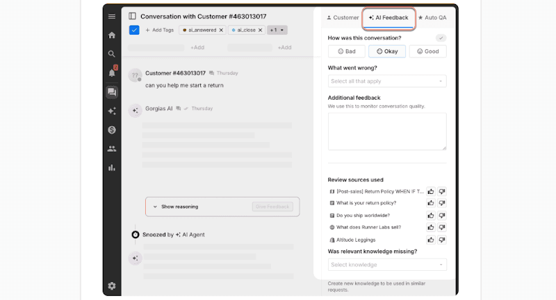 Gorgias AI Agent coaching view showing the source used for an answer and controls for team feedback.