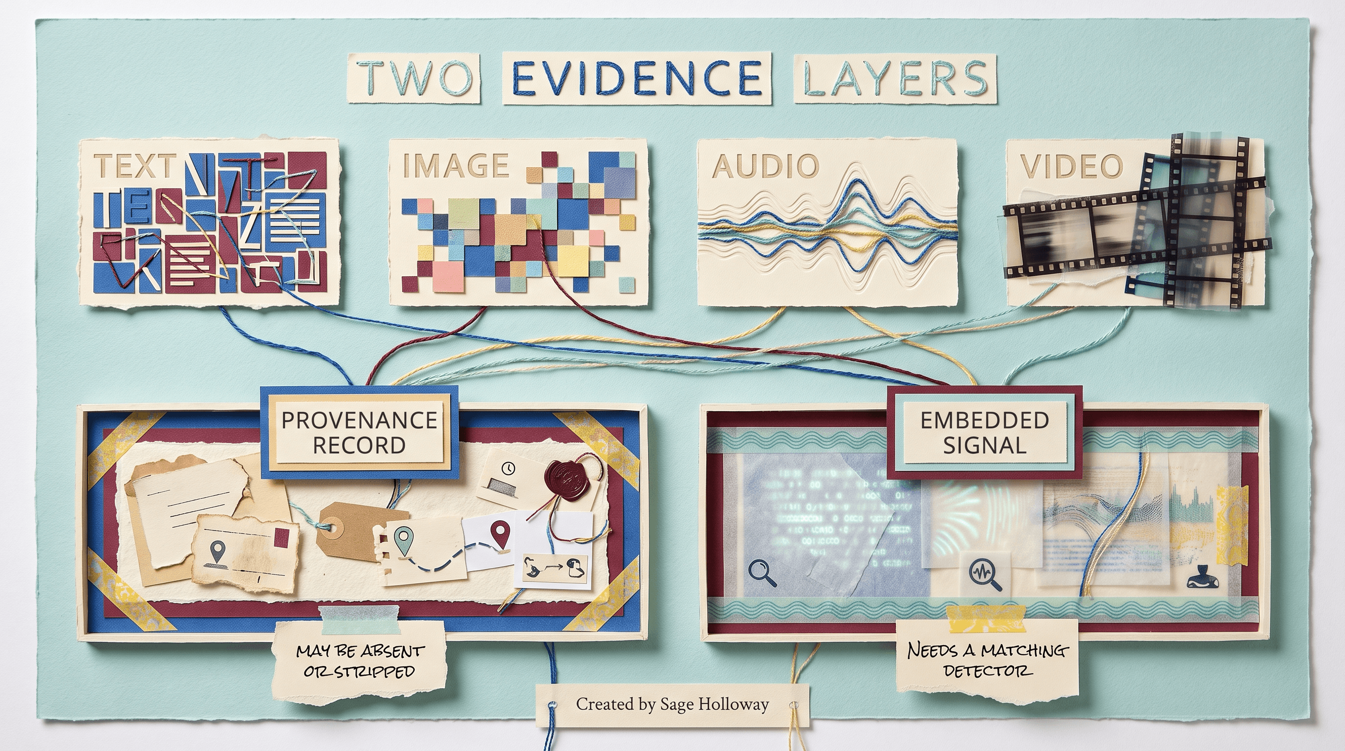 Diagram of provenance metadata and embedded signals across text, images, audio, and video
