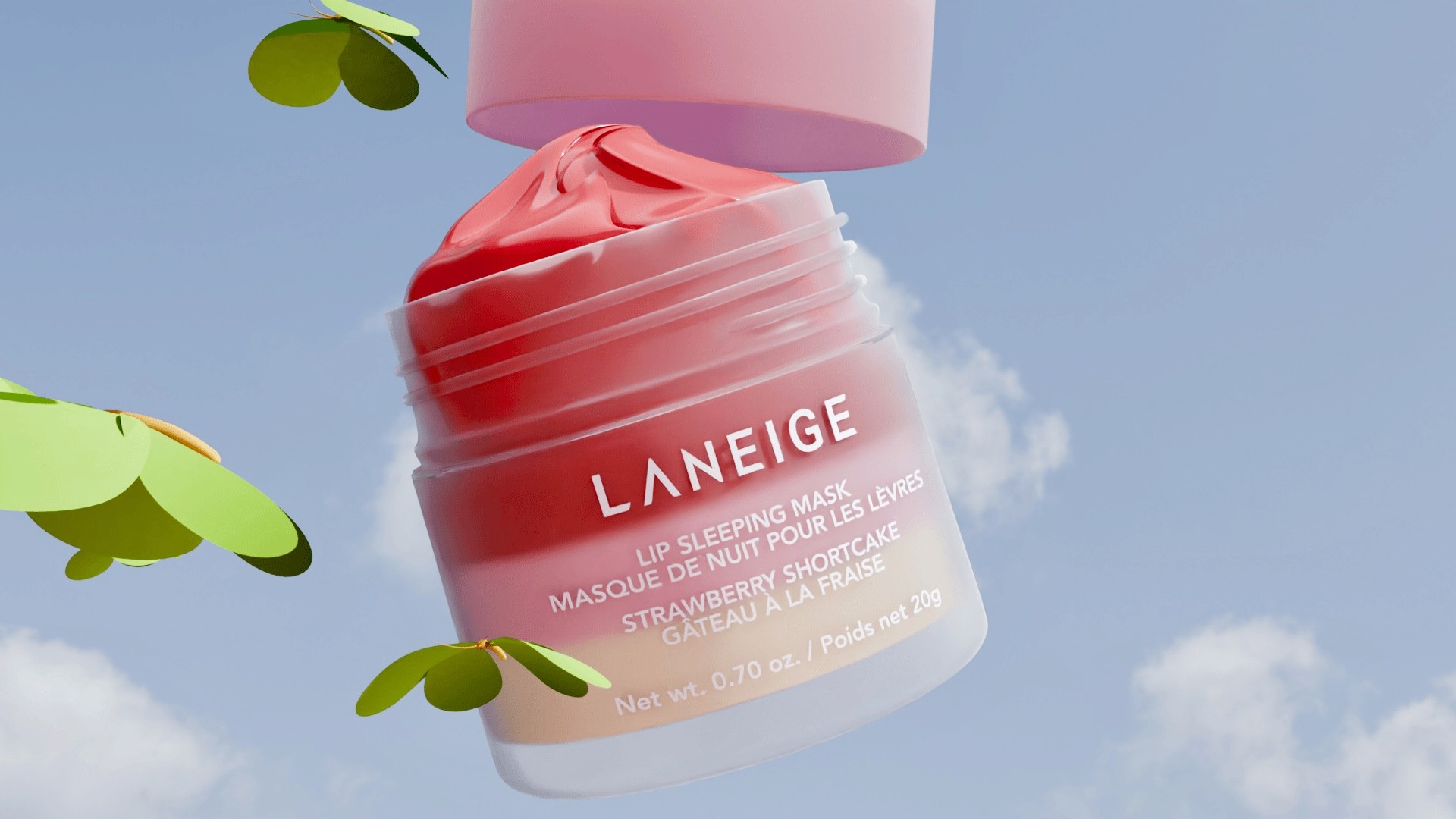 3D render of Laneige strawberry shortcake lip sleeping mask in the sky