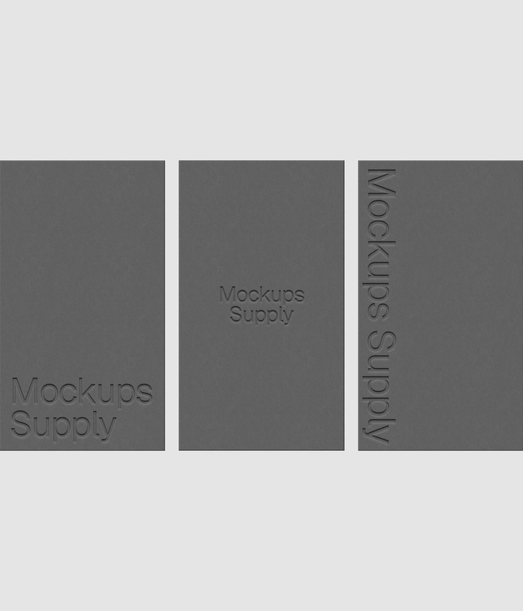 Three business cards mockup PSD US Canada portrait with debossed logo effect, gray cards on white background, clean modern stationery mockup for brand identity